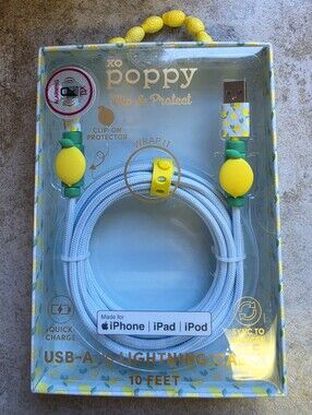 Xo Poppy iPhone USB-A to Lightning Cable Lemon Clips 10 Feet Yellow & White New